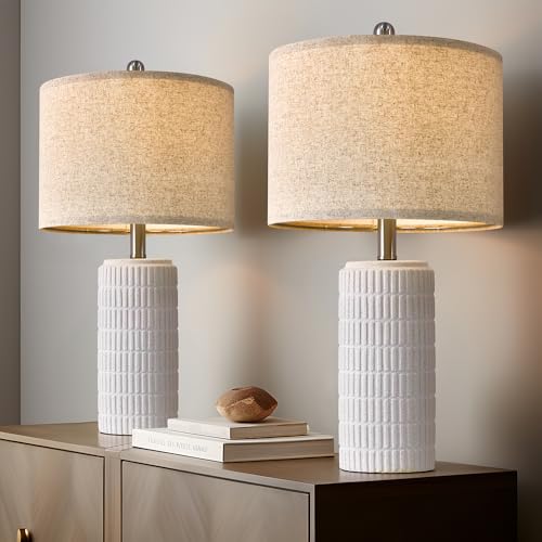 Image of PoKat 23 inch Table Lamp, Farmhouse Bedside Lamps for Bedroom Set of 2, Ceramic End Table Lamps for Living Room, Traditional Nightstand Desk Lamps, Frosted White Lamps, Medium