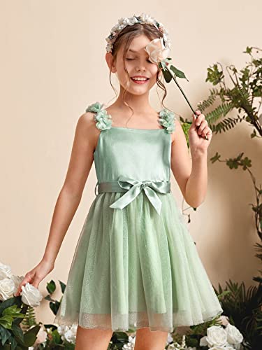 WDIRARA Girl's Floral Shoulder Contrast Mesh Flared Hem Sleeveless High Waist Belted Cami Dress4