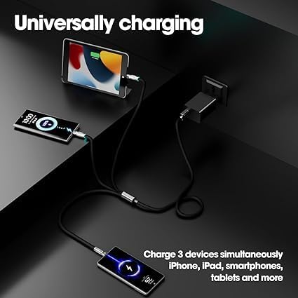 Image of Original 3 in 1 Fast Charging Data Cable, 120W Portable Charger Cord with USB Type-C, Light-ning & Micro-USB Port Compatible with iPhone, iPad, Smartphone, Tab and Other Devices - Black (APR202)