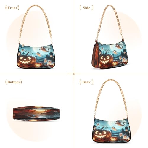 Halloween Night Shoulder Bag for Women, Handbag with Chain Strap, Soft Purse Tote Bag for Ladies2