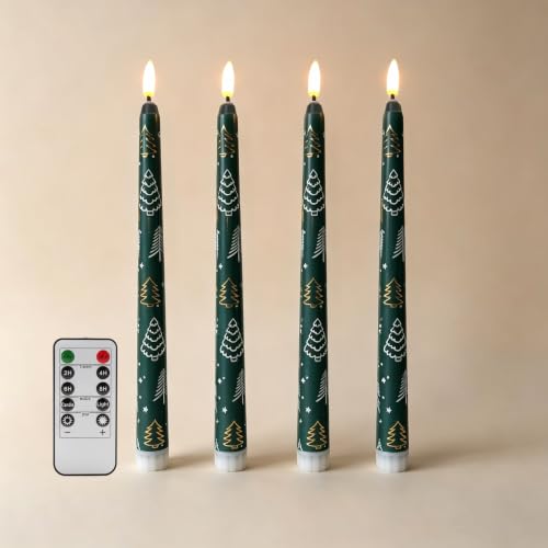 Image of Green Christmas Tree Flameless Taper Candles with Remote Set of 4