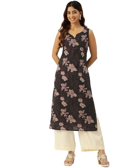 feranoid Women's Pure Cotton Floral Print Straight Kurti | Elegant Curved V-Neck | Sleeveless Calf-Length Ethnic Wear | Comfortable Regular Fit | Sizes XS–XXL