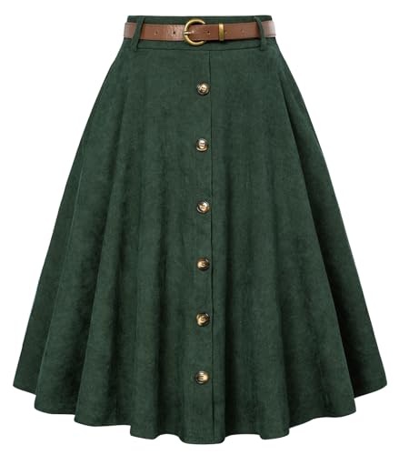 Belle Poque Damen Cordrock mit Gürtel elastisch hohe Taille ausgestellte A-Linie Midi Rock