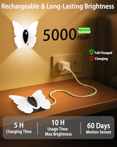 Image of Eneru Motion Sensor Wall Sconce Set of 4, Rechargeable Wall Lights, White | 5000mAh Battery Operated Wall Sconces, Motion Activated, Magnetic Butterfly Night Light for Hallway Stair Closet Pantry Porch