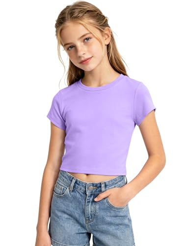 Image of Auranso Girls Crop Tops Kids Short Sleeve T-Shirts Basic Summer Tee Top