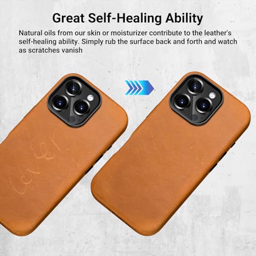 Belemay Compatible with iPhone 16 Pro Max Leather Case, Compatible with Magsafe, Premium Crazy Horse Leather [Vintage Aesthetic] Comfort Grip, Metal Buttons & Camera Bump Frame, (6.9") Tan Brown