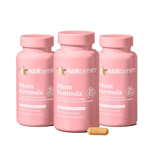 Image of HAIRtamin MOM Vegan Prenatal & Postnatal Multivitamin Capsules & Hair Growth Vitamins, Postpartum, Breastfeeding, Hair Nails, and Skin Vitamins for Women with Biotin, Zinc, Iron (3-Pack), 90.0 Count