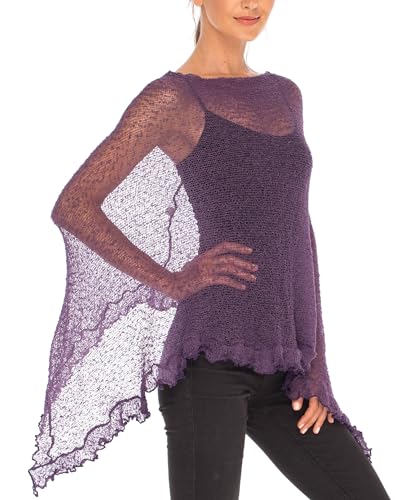 Image of SHU-SHI Women's Sheer Knit Poncho Shrug Lightweight Asymmetrical Ruffle Wrap Dressy Summer Shawl Cover Up Top