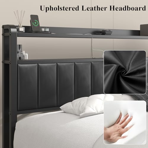 Image of Full Size Platform Bed Frame with Storage Headboard, Star Projector, Black | Charging Station, Heavy-Duty Metal Slats, PU Leather Upholstered Platform, Storage Ottoman, Noise-Free, No Box Spring Needed