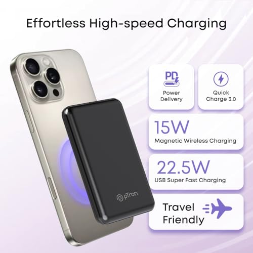 Image of pTron MagSafe Magnetic Wireless 10000mAh Fast Charging Slim Power Bank, Strong Magnet, 22.5W Output, Compatible with iPhone 12, 13, 14, 15, 16, Android & Other Qi Enabled Devices, Dynamo Flash (Black)