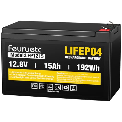 Feuruetc 12V 15Ah Deep Cycle LiFePO4 Battery 3000+ Cycles Maintenance-Free Battery for Fish Finder Scooter Security System Solar System UPS etc Rechargeable Lithium Iron Phosphate