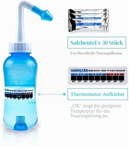 Nasendusche,Nasenspülung,Poduschesche,Nasendusche Erwachsene und Kinder 300ml mit 30 Nasenspülsalz und Thermometer-Aufkleber zum Nasenreinigung und Nasenspülung(Blau)