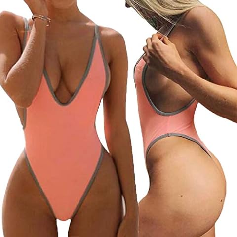 ALLureLove Swimsuits for Women Sexy Monokini Deep V One Piece Bathing Suits Backless Cheeky Swimwear Semi Thong Bikini (A-Pink, Small) Cover