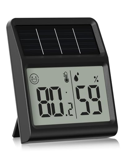 Termometro Digital Casa Solar, Higrometro Termometro Alimentado por Luz Interior- Medidor de Humedad funciona únicamente con exposición lumínica, Negro - Pack de 1 unidad