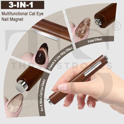 Image of THR3E STROKES 3 in 1 Nail Magnet, Multifunctional Cat Eye Gel Nail Polish Magnet Pen, 3D Magnetic Nail Polish Stick for Home DIY, Salon, Studio, Nail Art Design Tools (3 IN 1)(DARK BROWN)