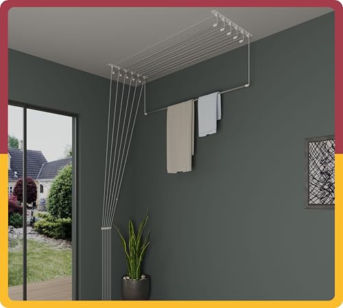 Image of Amiraj Individual Drop Down Ceiling Clothes Drying Stand | Heavy Duty Stainless Steel Cloth Dryer | UV Protected Nylon Ropes | Rust Proof Space Saving Laundry Rack | 6 Pipes, 4 Feet | Balcony & Indoor