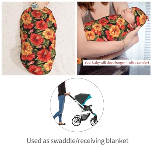 Image of Hibiscus Flowers Newborn Swaddle Blankets Hat Sets Soft Baby Receiving Blanket Swaddle Sack for Baby Shower Infant Boy Girl Gift