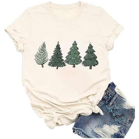 Ykomow Christmas Trees Shirt Womens Holiday Pine Tree Xmas Graphic Tees Christmas Family Shirt (Cream-2, L) Cover