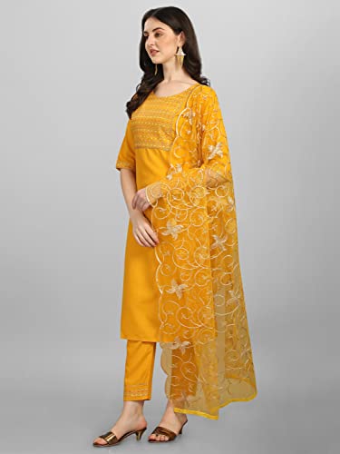 Image of VredeVogel Women Cotton Slub Straight Kurta Set With Pant and Net Embroidery Dupatta