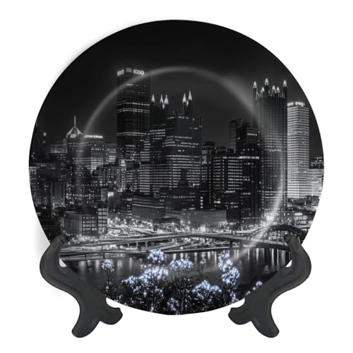 Decorative Plates for Display View Pittsburgh skyline night from Mount Pittsburgh Gift Plates Ceramic Collections Plates Hanging Artwork for Living Dining Room Kitchen Souvenir