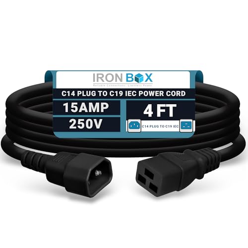 Image of IronBox Electric - Heavy-Duty C14 to C19 Power Cord, 15A, 250V, 14 /3 SJT - IEC60320 PC Cable for Computer Extensions, Monitor, PSU - C14 Male to C19 Female Connector Power Cable - (Black 4 Foot)