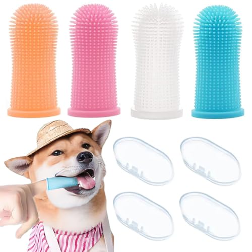 YJRUNFU 犬 歯ブラシ 小型犬 猫用歯ブラシ ペットフィンガー シリコン 指サック 柔らかい 口腔ケア 歯茎 口臭 歯周病予防 360°ハブラシ 猫犬通用 (ピンク、ブルー、ホワイト、オレンジ）のサムネイル