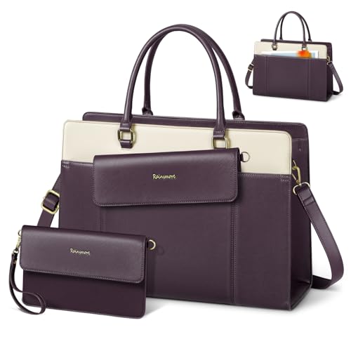 RAINSMORE Bolsa para laptop feminina de couro de 15,6 polegadas bolsa grande para computador à prova d'água para negócios, escritório, trabalho, maleta com bolsa, conjunto de 2 peças, roxa
