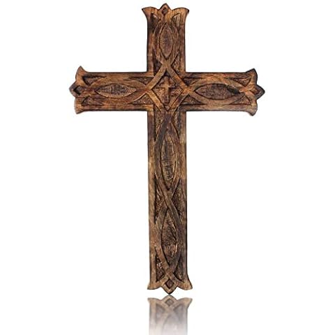 Iblay Wooden Religious Catholic Crucifix Cross Wall Hanging 18 x 12 Inches French Plaque Floral Carvings Living Room Home Decor Accent Church Chapel Altar Wall Art Decor Display Antiqued Rustic Finish Cover