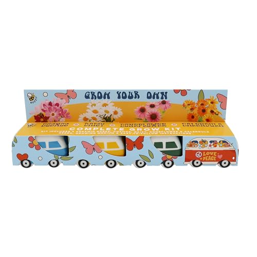 BUZZY Seeds Mini Ceramic Flower Bus Grow Kit 4-Pack - Bus Ceramic Planter - Complete Indoor/Outdoor Gardening Kit with Seeds Coconut Husk Growing Medium & Genuine Pots - 100% Grow Guarantee