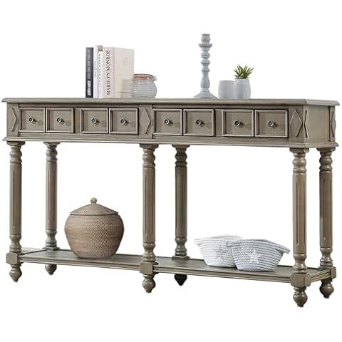 YWUFUART 58" Solid Wood Console Table Sofa Table Storage Cabinet with 2 Drawers and 1 Bottom Shelf for Entryway Hallway Living Room,Rustic Brown Cover