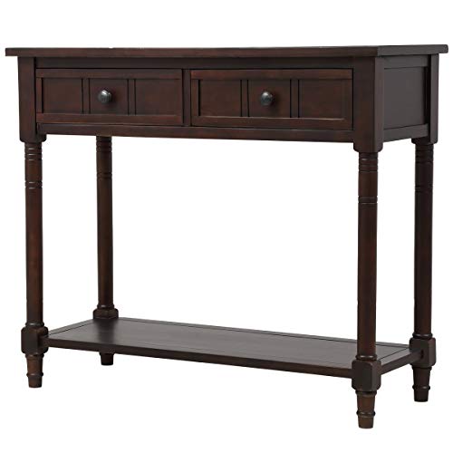 Pine Wood Media Console Table for Entryway Hallway, with Drawers and Shelf, Chestnut - Thumbnail 3
