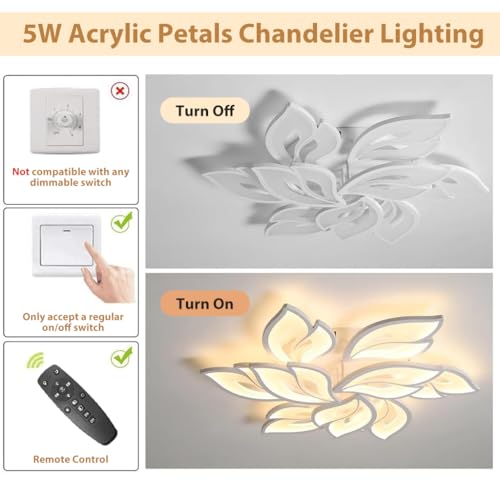 Image of ELEPHANTBOAT Modern Ceiling Light, 28.3in Dimmable LED Flush Mount Ceiling Lamp, 3000-6000K Acrylic Petals Chandelier Lighting Fixture with Remote Control for Living Room Bedroom (White)