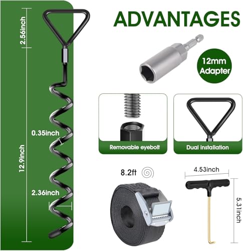 Image of Trampoline Stakes Ground Anchors Screw in, Trampoline Anchors with Strong Straps, Spiral Earth Swing Set Anchor Heavy Duty for Trampolines(Black-6Pack)