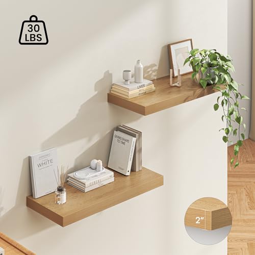 Image of Dreamland 32 inch Floating Shelves for Wall, 12 inch Deep Thicker Oak Floating Shelves, Wall-Mounted Shelves for Bedroom, Living Room, Kitchen, Bathroom - Set of 2