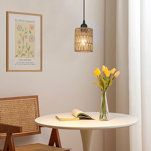 Lamsu 001 Rattan Pendant Lights, Boho Farmhouse Pendant Lighting With Hand Woven Natural Rattan Shade, Small Wicker Light Fixtures Ceiling Hanging thumb #5