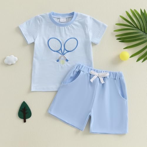 Toddler Baby Boy Summer Outfit Baseball//Golf/Tennis Embroidery Striped Short Sleeve T Shirt Shorts Set 2Pcs Outfit4
