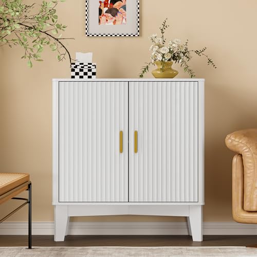 Image of BORNOON Storage Cabinet with Doors and Adjustable Shelf, Modern Fluted Sideboard Buffet Cabinet, Freestanding Coffee Bar for Kitchen, Pantry, Entryway, Living Room (White)