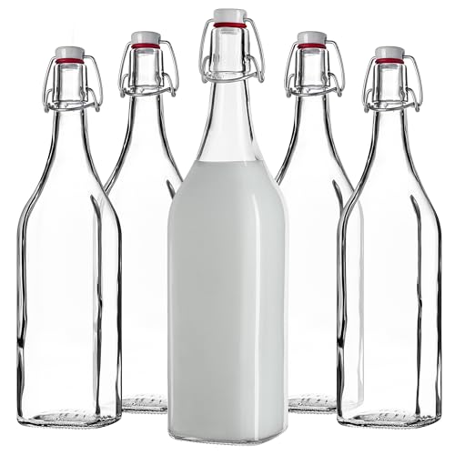 KADAX Milchflaschen mit Bügelverschluss, 1 Liter, 5 Stück, leere Glasflaschen für Milch, 1000ml Bügelflaschen, 1L Flaschen zum Befüllen, Milchflasche