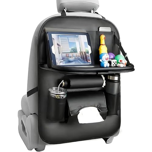 Azonee Car Seat Organiser Car Organiser Back Seat For Kids PU Leather with Folding Tray Tissue Box Water Bottle/Umbrella Holder for Travel Parents Drivers Kids Toys Food Storage
