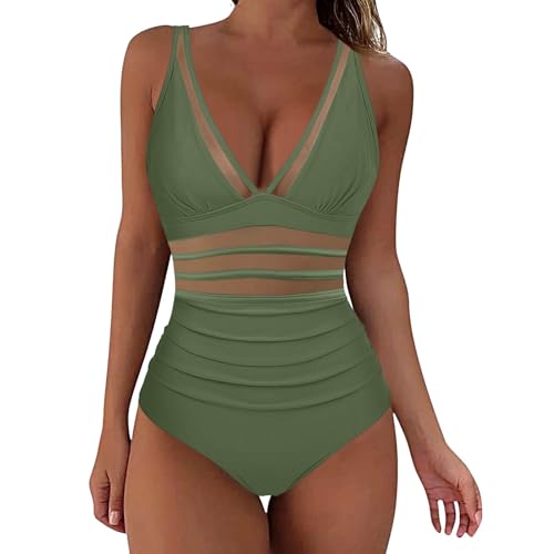 riou 2024 Bañadores Mujer Reductores Natacion Rayas Vintage con Cuello en V Correas Bikini Cintura Alta Cross Back Elegante Ropa de Baño de Playa Tallas Grandes Reductor Modern Swimwear