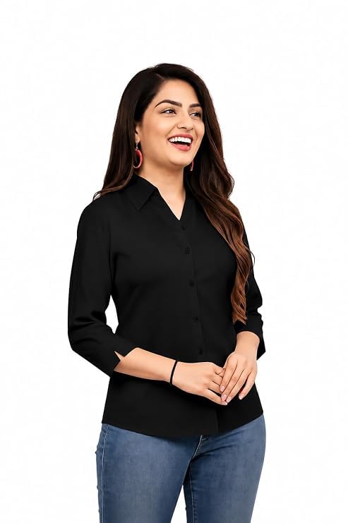 Image of Women's Formal Collared Shirt | Solid Office Wear Button-Up Top | Regular Fit 3 /4 Sleeve Business Shirt for Work & Casual Wear