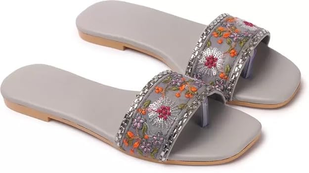 PRIYANSH Enterprises Premium Women Ethnic Embroidered Flats Footwear for Women | Stylish Slippers For Party and Formal Wear | Flat Embroidered Sandal (Grey, 5) (B0CRL97CGG) Amazon Price History, Amazon Price Tracker
