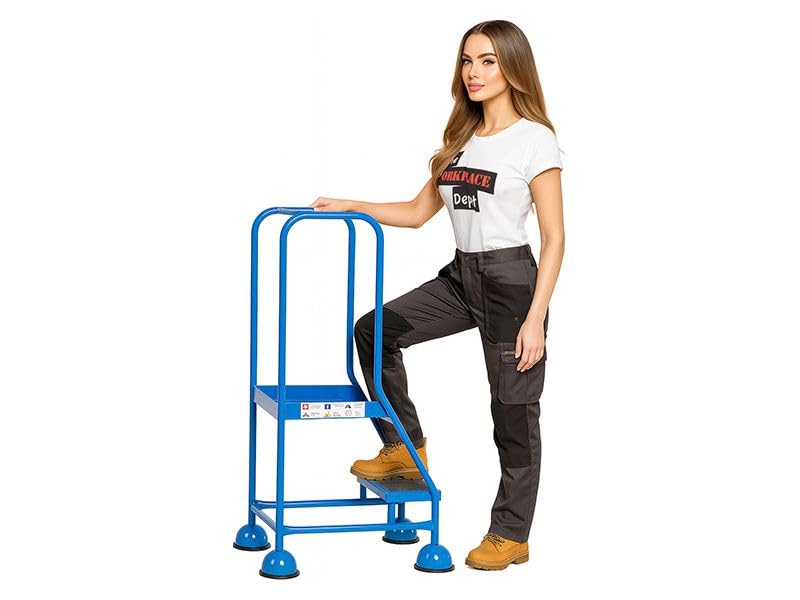Mobile Safety Steps with Handrail, Blue Steel Portable Warehouse Access Platform on Wheels with Spring Loaded Castors & Anti Slip Treads (2 Tread (Flat-Packed))