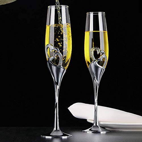 Juego de copas de champán – Juego de 2 copas de cristal con diseño de corazón creativo para bodas, aniversarios y Navidad (incluye caja de regalo)