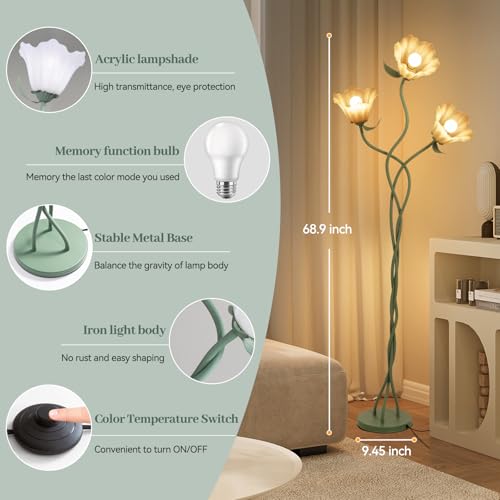 Image of Vintage 3 Heads Flower Floor Lamp with Adjustable Gooseneck Corner Standing Tall Floor Lamp 3 Color Modes for Living Room Bedroom Reading Decoration Vine Floral Lamp with Lily of The Valley