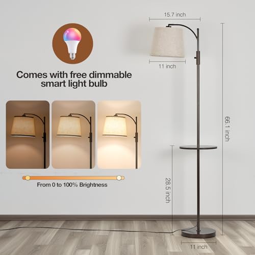 Image of AIDENOEY Smart Floor Lamp with Side Table | Stepless Dimming, RGB Multi-Color | Adjustable Swivel Head | Voice Control with Alexa & Google Assistant |Brown Lamp for Living Room,Bedroom,Home Office