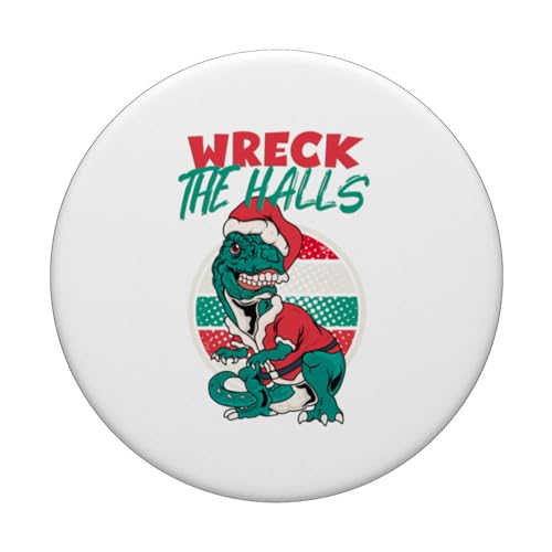 Wreck the Halls Trex in Santa Hat Christmas Retro Sunset PopSockets Swappable PopGrip, Black - Image 3