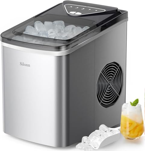 Silonn Máquina para hacer hielo, 9 cubitos de hielo en solo 6 minutos hasta 12 kg en 24 horas, máquina de cubitos de hielo con autolimpieza, ideal para cocina, oficina y fiestas, 2 tamaños de hielo
