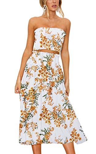 Image of Angashion Women's Floral Crop Top Maxi Skirts Set 2 Piece Outfit Dress