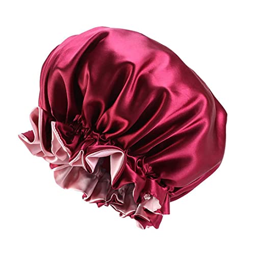 Gorro de seda de doble capa, gorro redondo elástico de satén, para dormir para mujer, color rojo vino